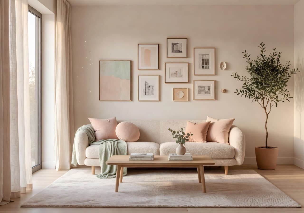 DecorAI AI interior design app showing a before and after living room redesign in soft Scandinavian style