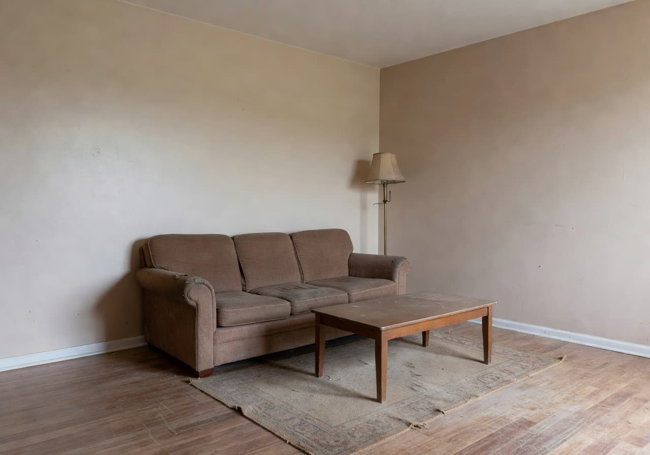 Plain outdated living room before AI redesign with DecorAI