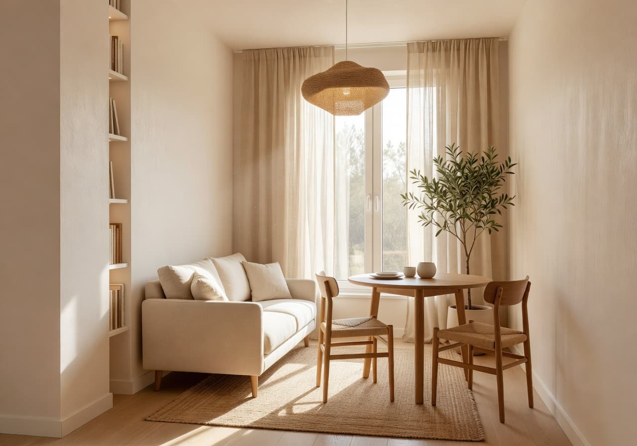 AI small apartment design generated by DecorAI with cream loveseat, oak dining table and woven pendant