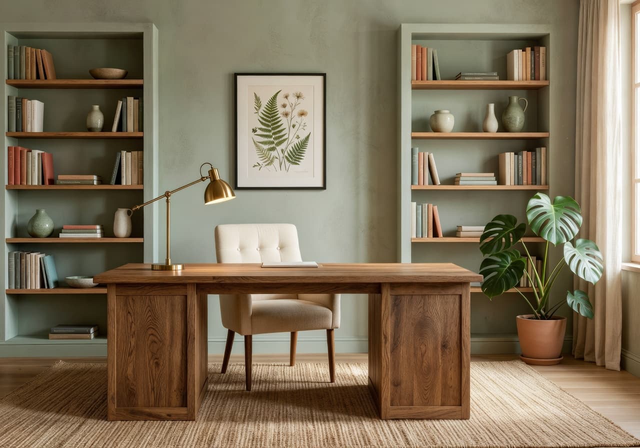 After AI redesign — Before and After Home Office AI Design in Calm Sage Workspace style by DecorAI